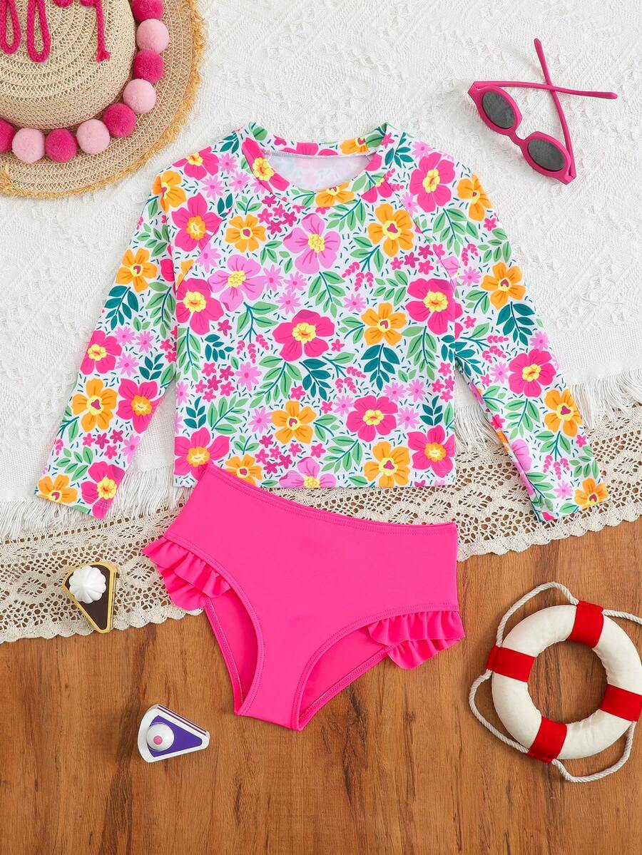 SHEIN GraphicGems 女童吊带泳衣,可爱粉色碎花针织面料无袖吊带泳装,时尚休闲优雅设计,适合游泳、夏季度假、海滩、泳池、假日派对。长袖泳衣套装,女童泳装两件套,女童防晒衣,粉色碎花泳衣。女童碎花泳衣,女童防晒衣两件套泳装,女童长袖粉色泳衣三件套。 - 玫紅色 - 查看 1