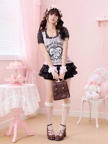 ROMWE Kawaii Women's Cute Lolita Style Patchwork Polka Dot Lace Trim Cat Print Plaid Blouse - Pink - View 7