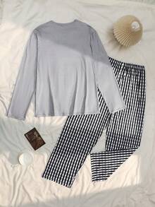 Manfinity Underwear&Sleepwear Basics Plus Size Blue Plaid Crew Neck Long Sleeve Pajama Set - Grey - View 2
