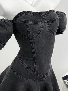 Elamini Women's Off-Shoulder Short Sleeve Ruffle Hem Fashionable Denim Dress - Grey - View 6