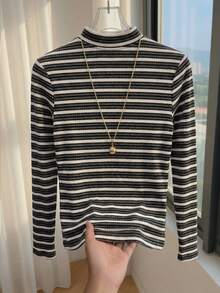 GlowEve Women's Elegant Round Neck Solid Color Shoulder Design Metal Button Decor Basic Tee, Versatile Striped Long Sleeve T-Shirt, Spring/Summer - Multicolor - View 2