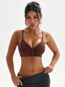 SHEIN Sports Women's Solid Color Twist Back Fashionable Sports Bra - Brown - View 4