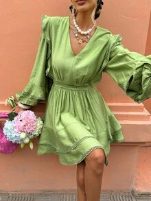 EMERY ROSE فستان نسائي بطبعة زهور وطبقات كشكشة على شكل حرف A، للارتداء اليومي والعطلات، للربيع والصيف - أخضر - مشاهدة 7