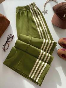 Comfortcana Women's Casual Everyday Commute School Sports Elastic Waist Green Contrast Striped Side Loose Wide Leg Sweatpants, Spring/Summer - Green - View 5
