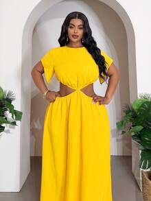 Veslaya 2026 Spring/Summer Plus Size Women's Music Festival, Easter, Western, Nomadic, Birthday Party, Graduation, College, Student, Daily Casual, Basic, Leisure, Vacation, Cruise Travel, Beach, Sunbathing, Trending, Streetwear, Wedding Guest, Commute, Brunch, Airport, Party, Holiday Outing, Elegant Gala, Ball, Casual, High-End Elegant Yellow Crinkle Cutout Waist Round Neck Short Sleeve A-Line Dress, Women Plus Size Dress - Yellow - View 3
