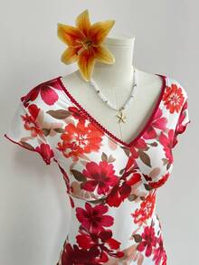 SHEIN 女士撞色印花短袖上衣 - 紅色 - 查看 4