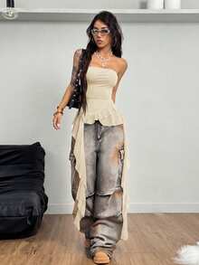 Coolane 女士春夏Y2K图案撞色蕾丝运动筒裙荷叶边迷你裙 - 杏色 - 查看 4