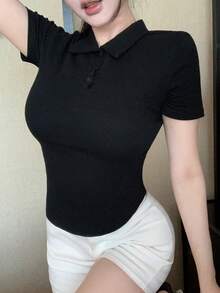 DAZY Áo polo nữ màu đen dáng rộng, thời trang công sở, tay ngắn, ôm sát, thích hợp cho mùa xuân/hè. - màu đen - Xem 10