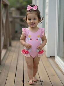 Cozy Pixies Baby Girl Cute Swan Print Ruffle One-Piece Swimsuit, Summer Beach Holiday - Pink - View 1