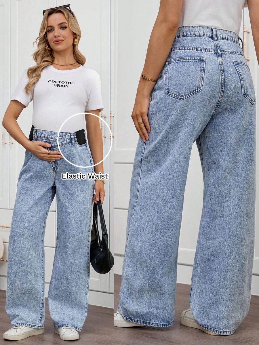 SHEIN 孕妇纯色休闲牛仔裤，春夏情人节嘉年华服装通勤度假毕业时尚Y2K可爱街头风性感派对婚礼优雅商务休闲女装蓝色阔腿牛仔裤，松紧腰牛仔裤，日常穿着 - 藍色 - 查看 1