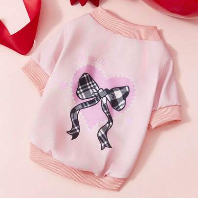 PETSIN 1件印花黑白格子蝴蝶结卫衣，厚实保暖，适合秋冬季节，粉色配色。