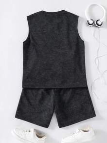 Vacaura 2 piezas Camiseta de cuello redondo de punto con estampado de copos de nieve falsos y pantalones cortos a juego de punto para niños, diseño de estampado pequeño en la parte delantera, tela cómoda, versátil para primavera, verano, otoño - Negro - Ver 2