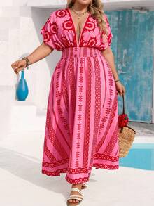 Vivid Eden Plus Size Deep V-Neck Allover Print Casual Vacation Short Sleeve Maxi Dress,Pink Summer Boho Holiday Vacation Holiday Beach Outfits For Women Curve - Pink - View 5