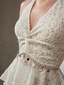 MOTF PREMIUM LACE TWIST FRONT CONTRAST SEQUIN SHELL DETAIL PEPLUM HEM TIE BACKLESS HALTER TOP - Apricot - View 2