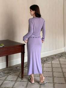 DAZY Women's Soft Cardigan & Tie-Waist Maxi Dress Homewear Set - Dusty Purple - View 2