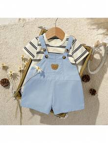 Loomiva Newborn Baby Boy/Girl Cartoon Bear Pattern Knit Soft Crew Neck Long Sleeve Raglan Pullover Top And Bib Pants 2-Piece Set - Dusty Blue - View 2