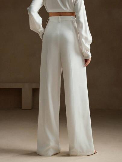 Elegant,Stylish Pleated Pocket White Straight Leg Pants For Women,Petite,Summer Office Business Casual Chic Trousers For Party,Wedding,Fall,Spring