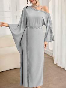 Al Najma Women's Solid Color Oblique Shoulder Long Sleeve Slit Waist Elegant Arabic Dress - Light Grey - View 6