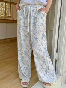 Dazy Plus Quần pajama dài nữ cỡ lớn họa tiết hoa nhí, cạp chun, thích hợp cho mùa xuân/hè. - Màu xanh lam - Xem 6