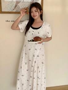Dazy Plus Stretchy Fitted Butterfly Print Floral Bodycon Short Sleeve Sleepwear Nightgown - White - View 5