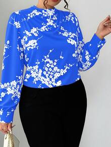 Elenzga 大码女式休闲度假印花宽松漏斗领灯笼袖上衣，春秋季 - 藍色 - 查看 4