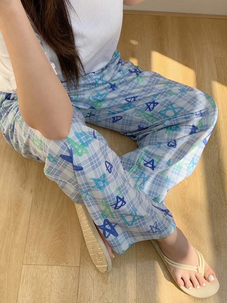 Dazy Plus Plus Size Comfortable Casual Plaid & Star Print Pajama Bottoms