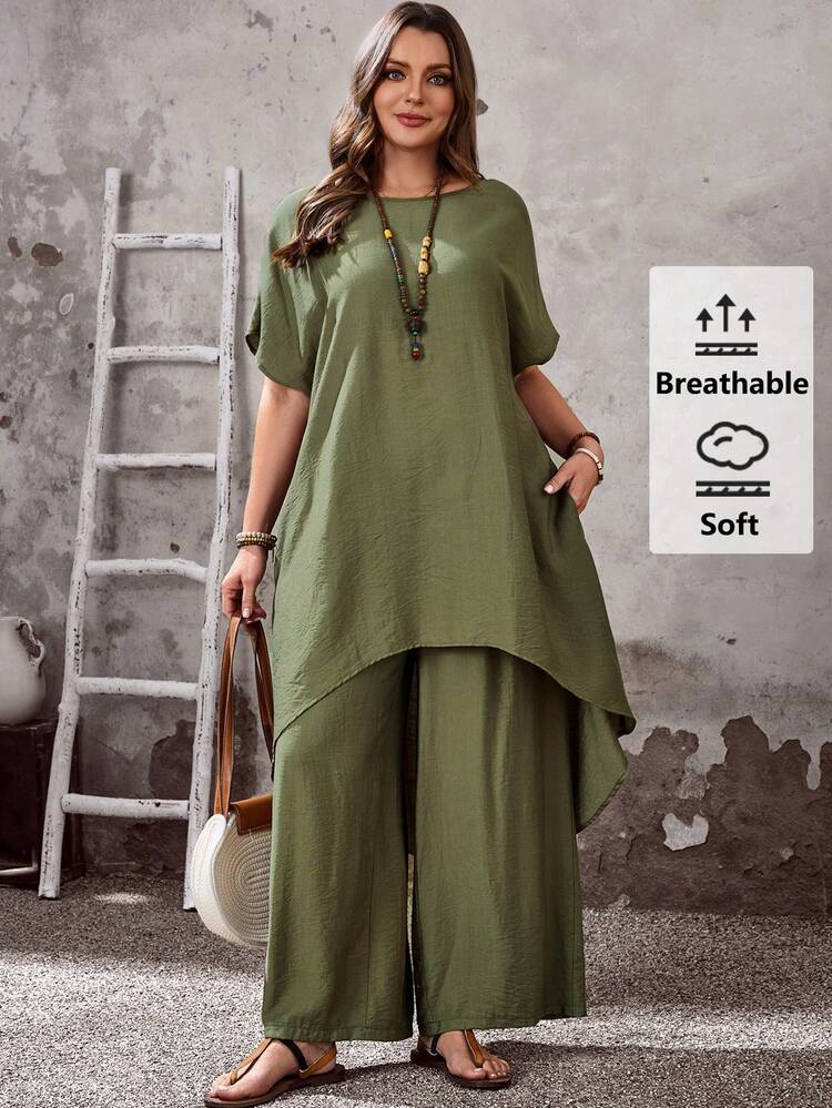 Plus Size Women 2 Pieces Set: Geometric Print Shirt & Pants\Summer\Vacation 2 Piece Linen Sets Woman Plus Size Women Clothes 2 Piece Women's Summer Two-Piece Sets Summer Outfits Summer Clothes  Spring  Spring Outfit Women Spring Clothes Country Style For Women