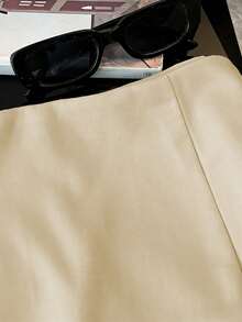 Franclia 时尚休闲通勤百搭质感柔软面料高腰开衩灰色女式短裤、女式半身裙、女式阔腿裤、女式热裤、春秋季休闲女装、女式迷你裙 - 杏色 - 查看 5