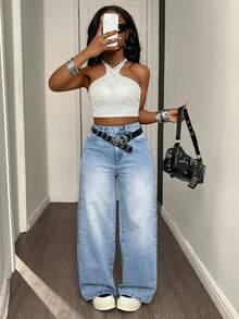 DAZY Women's Casual Loose Fit Leopard Print Straight Leg Jeans, Vacation Style, Suitable For Spring, Summer, Valentine's Day - Blue - View 2