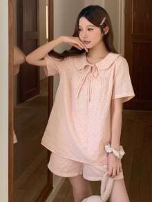 DAZY 女士可爱波点印花系领娃娃衫睡衣套装 - 粉色 - 查看 11