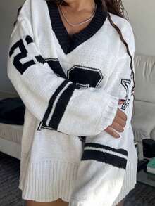 Tyla Gomez 情人节 V 领黑白心形印花套头衫，秋冬女士简约时尚休闲日常穿着 - 黑與白 - 查看 3