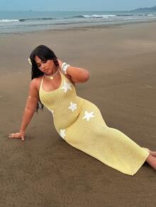 Rustia Maxikleid in Große Größen für Damen mit Spaghettiträgern, Knotendetail und gehäkeltem Seestern-Muster, geeignet für den Urlaub, Frühling/Sommer/Herbst, Strandoutfit - Gelb - Übersicht 3