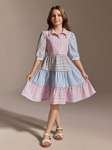SHEIN Explorewe 少女撞色条纹泡泡袖前扣荷叶边连衣裙 - 粉色 - 查看 4
