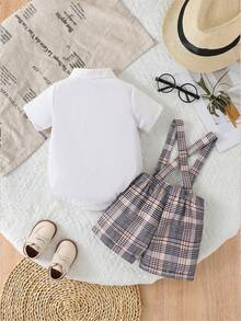 2pcs Baby Boys Short Sleeve Shirt Jumpsuit With Bowtie & Plaid Suspenders Shorts, Gentleman Outfit Suitable For Festivals And Outdoor Activities, Summer Toddler Suit Bow Tie Baby Boy Elegant Clothes Baby Boy Gentleman Outfit Baby Boy Plaid Outfit Boy Summer Outfit Set Vintage Clothes Baby Baby Boy Short Sleeve Suits - Multicolor - View 3