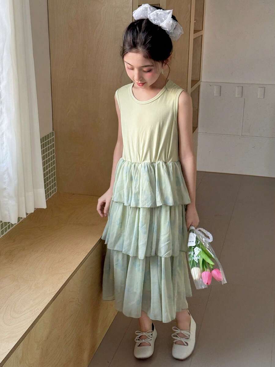 DAZY Tween Girls Round Neck Sleeveless Mesh Patchwork Dress, Fall - Green - View 1