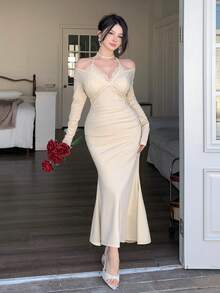 DAZY Robe mi-longue élégante pour femmes avec encolure en V, patchwork en dentelle, attache au cou et à la taille, coupe sirène - Nude - Voir 4
