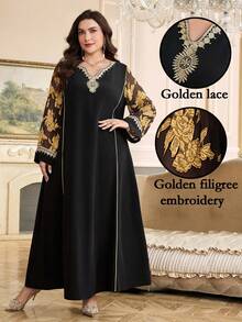 Al Najma Váy dài kiểu Ả Rập thanh lịch, họa tiết lưới và ren cỡ lớn cho nữ, mùa thu - màu đen - Xem 3