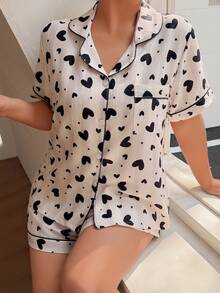 Dream Adore Plus Size Women Striped Heart Print Lapel Short Sleeve Shorts Pajama Set - Multicolor - View 3