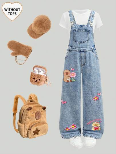 SHEIN 少女时尚休闲 Y2K 复古酷炫街头舒适可爱卡通水豚图案蓝色牛仔背带裤，适合少女日常穿着、春夏派对装扮、节日装扮和街头服饰。