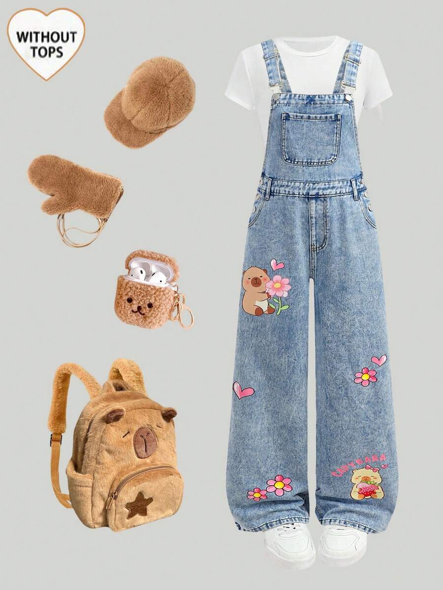 SHEIN Thời trang nữ tuổi teen phong cách thường ngày Y2K vintage cá tính, thoải mái và dễ thương với họa tiết chuột lang nước hoạt hình. Áo yếm denim màu xanh dương dành cho nữ tuổi teen, trang phục hàng ngày và trang phục dự tiệc mùa xuân hè, trang phục đường phố. - Màu xanh lam - Xem 1