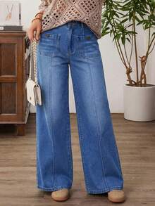 EMERY ROSE 女士高腰口袋设计阔腿宽松休闲牛仔裤 - 藍色 - 查看 1