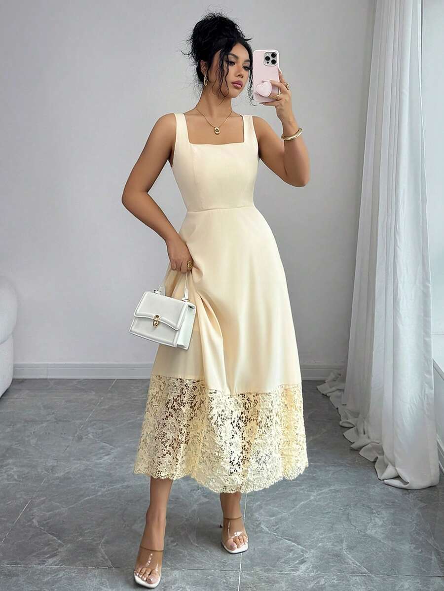 SHEIN Elenzya Elegantes langes Damenkleid. Sommerlicher Webstoff, figurbetonter Stil, ärmellos mit quadratischem Ausschnitt, Rüschensaum, anmutiges langes Damenkleid. Geeignet für tägliche Ausflüge, Pendeln, Dates, Partys, Urlaub, Musikfestivals und verschiedene Anlässe - Gelb - Übersicht 1