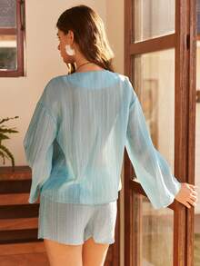 Women's Bohemian Loose Vacation Tie-Up Flare Sleeve Relaxed Comfortable Striped Jacquard Woven Casual Outfit Set - Blue - View 5