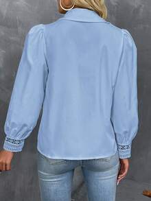 SHEIN LUNE Casual Vacation Style Hollow-Out Patchwork Long Sleeve Shirt - Light Wash - View 2