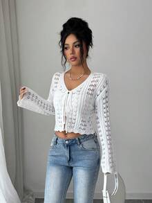 Selianne 女士优雅修身镂空纹理喇叭袖开衫，春夏款 - 白色 - 查看 5