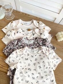 SHEIN Bộ 4 món áo liền quần dệt kim họa tiết hoa nhí dễ thương cho bé gái sơ sinh, thích hợp mặc mùa hè. - Màu be - Xem 6