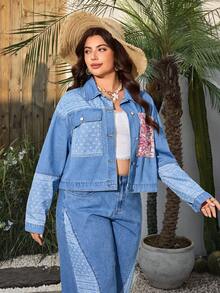 Breezaya Plus Size Women's Spring/Summer Patchwork Washed Denim Jacket - Multicolor - View 4