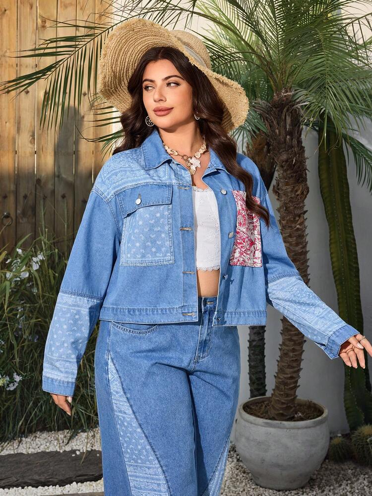 Breezaya Plus Size Women's Spring/Summer Patchwork Washed Denim Jacket - Multicolor - View 4