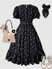 SHEIN Đầm ren cổ rỗng in họa tiết hoa kỹ thuật số tối giản thanh lịch, phù hợp cho đi chơi và đi làm hàng ngày, dành cho phụ nữ trẻ. - màu đen - Xem 2