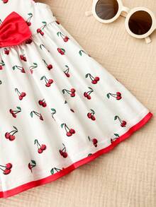 Newborn Baby Girl Cute Knitted Color Block Bow&Cherry Print Flutter Sleeve Dress Sleeveless Floral Dresses - Red - View 7
